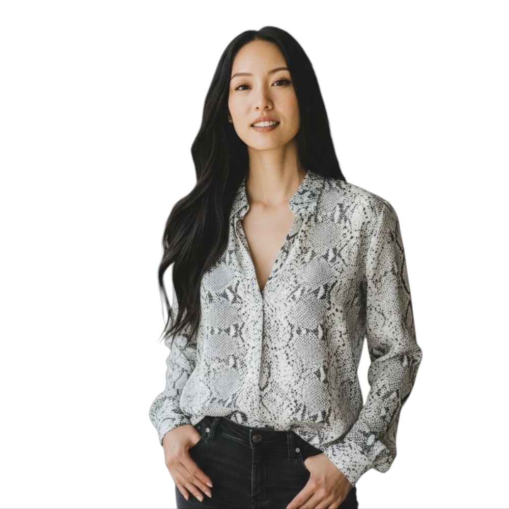 Kenneth Cole Corpcore Black Grey Semi-sheer Crepe Blouse Snakeskin Print medium